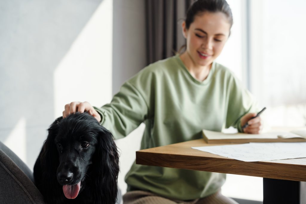 Frau streichelt ihren Hund am Tisch während Sie schreibt.
