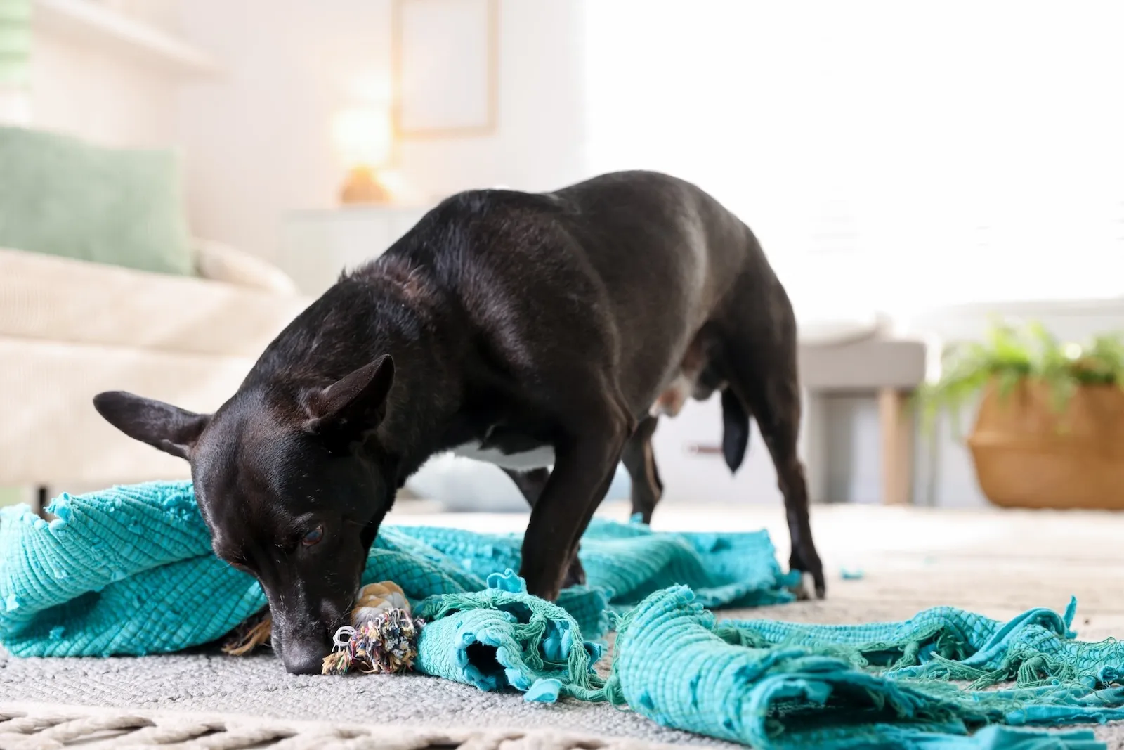 Schwarzer Hund steht über einer zerrissenen türkisfarbenen Decke und einem Spielzeug