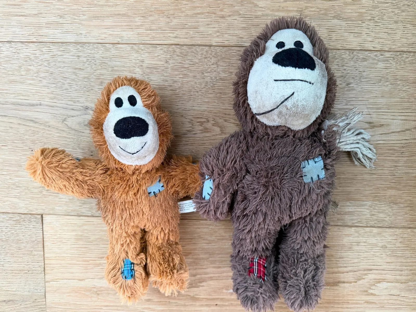 Zwei KONG Wild Knots Bären auf einem Holzboden: links ein hellbrauner Bär in Größe S ohne Ohren, rechts ein größerer dunkelbrauner Bär ohne Ohren, dem ein Arm fehlt und aus dessen Schulter ein ausgefranstes Seil ragt.